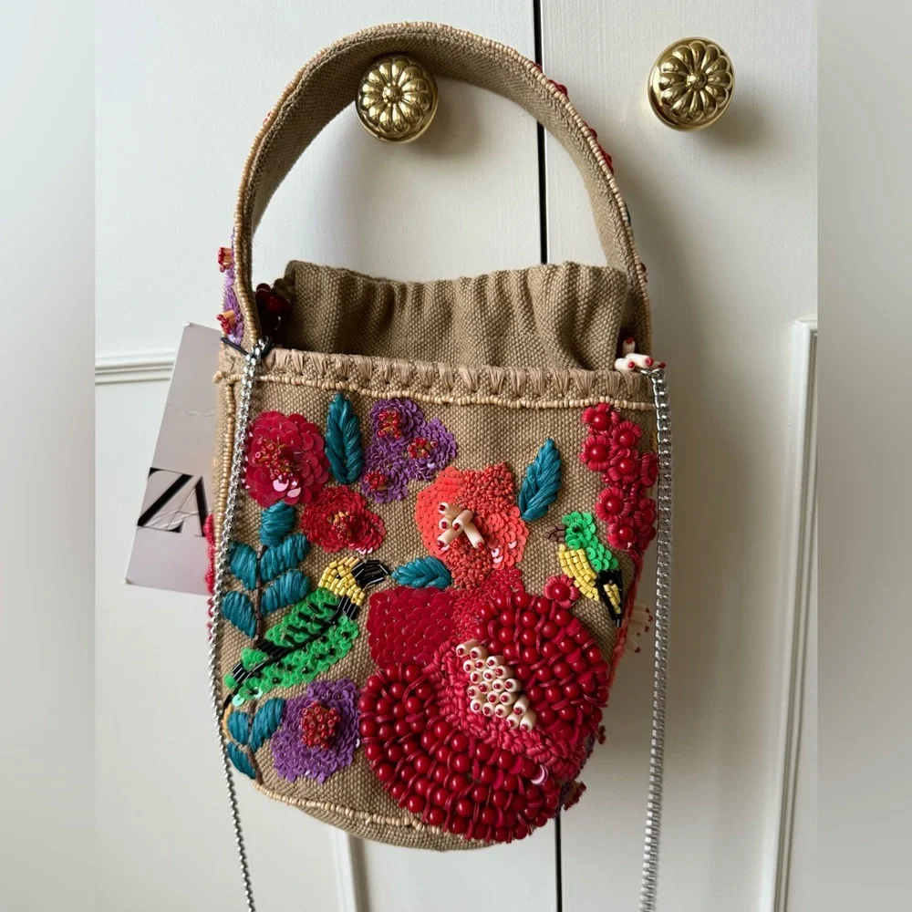 NWT ZARA BEADED BASKET BAG - Picture 9 of 16